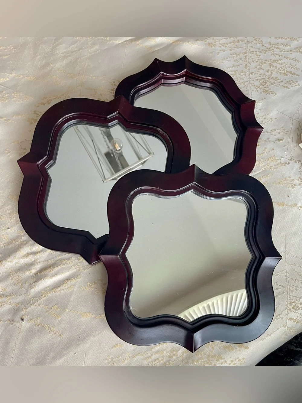 Glitzhome Dark Wavy Wood Triple Frame Mirrors Scalloped Wall Mirror - Set of 3